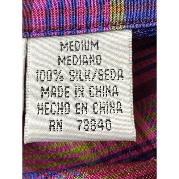 N91. Silk Lore Silk Shirt M Plaid Multicolor Blouse Long Sleeve Collared Button - Picture 8 of 8